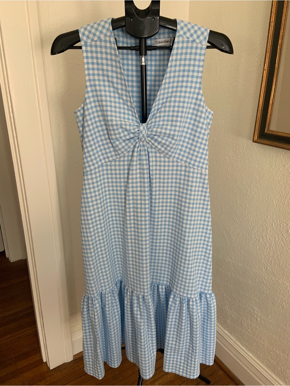 Calvin Klein Light Blue and White Gingham Midi Dress